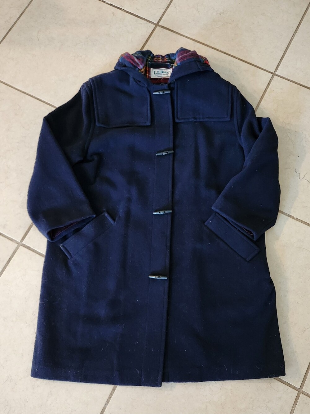 VTG LL Bean Womens Wool Toggle Hooded Pea Coat Blanket Lined Navy Coat XL